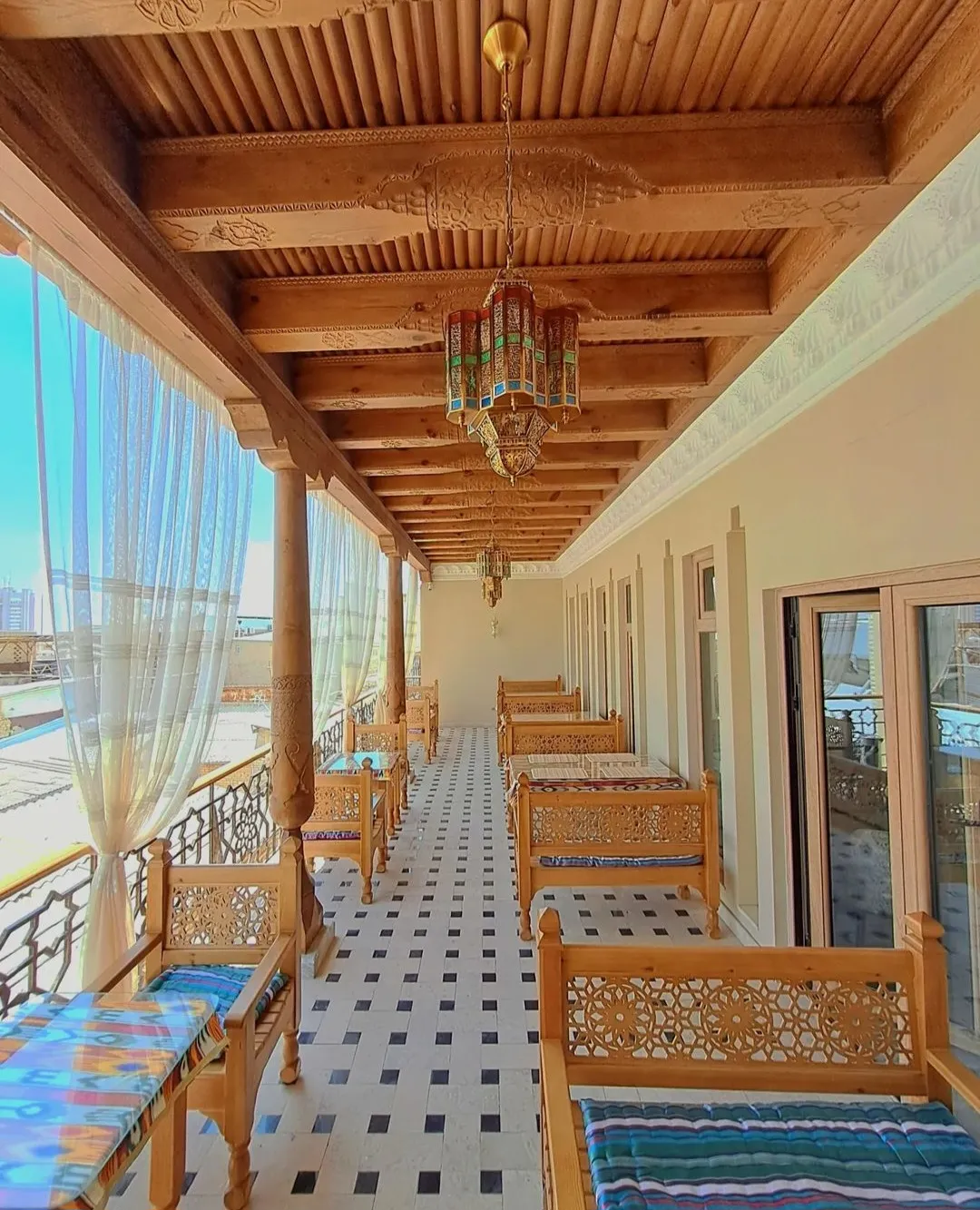 Carved wooden terrace in Bukhara